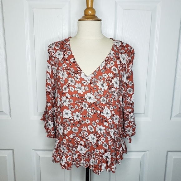 Cynthia Rowley V Neck Top M Ruffles Ditzy Floral Flutter Sleeves Viscose Prairie - Picture 10 of 10